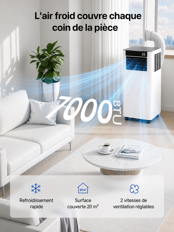 Climatiseur Mobile 7000 BTU (+ 20m²) 3-en-1 Écoénergétique Climatiseur Portable, Kit Fenêtre Inclus, Contrôle Via Appli Télécommande, Silencieux 48 dB, Minuterie 24 H, Idéal Pour Pièces Jusqu’à 20 m²