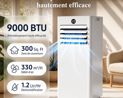 Climatiseur Mobile 9000 BTU (+30m²) 4 en 1 Silencieux - Télécommande, Minuterie 24h & Mode Sommeil,Clim Mobile pour Maison et Bureau,Kit d'Évacuation par Fenêtre Inclus