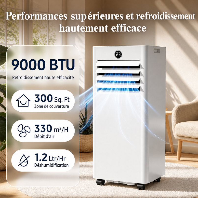 Climatiseur Mobile 9000 BTU (+30m²) 4 en 1 Silencieux - Télécommande, Minuterie 24h & Mode Sommeil,Clim Mobile pour Maison et Bureau,Kit d'Évacuation par Fenêtre Inclus