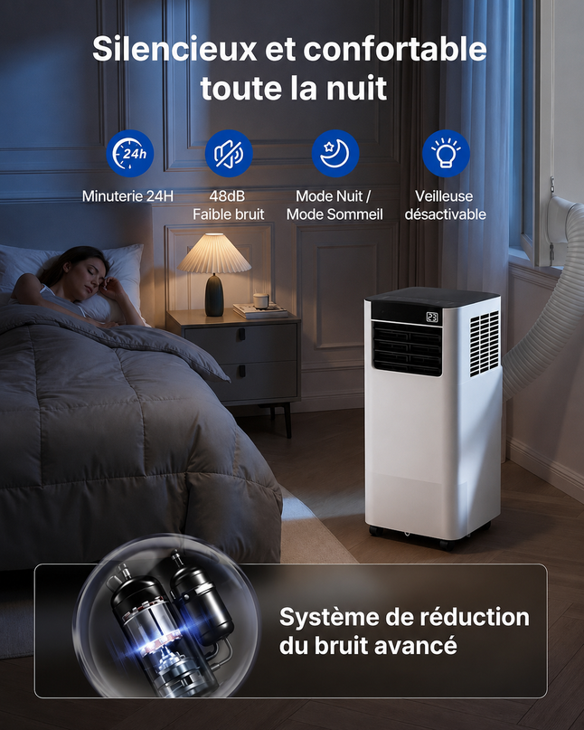 Climatiseur Mobile 7000 BTU (+ 20m²) 3-en-1 Écoénergétique Climatiseur Portable, Kit Fenêtre Inclus, Contrôle Via Appli Télécommande, Silencieux 48 dB, Minuterie 24 H, Idéal Pour Pièces Jusqu’à 20 m²