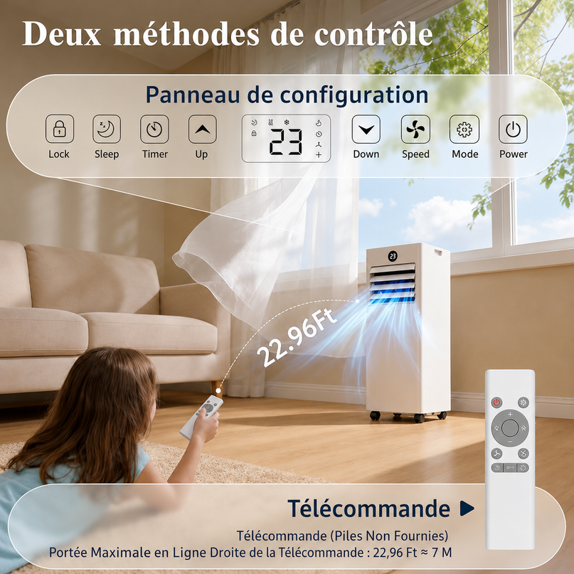 Climatiseur Mobile 9000 BTU (+30m²) 4 en 1 Silencieux - Télécommande, Minuterie 24h & Mode Sommeil,Clim Mobile pour Maison et Bureau,Kit d'Évacuation par Fenêtre Inclus