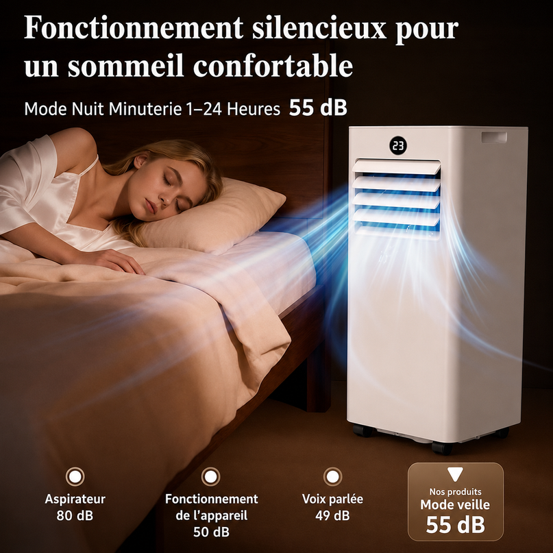 Climatiseur Mobile 9000 BTU (+30m²) 4 en 1 Silencieux - Télécommande, Minuterie 24h & Mode Sommeil,Clim Mobile pour Maison et Bureau,Kit d'Évacuation par Fenêtre Inclus
