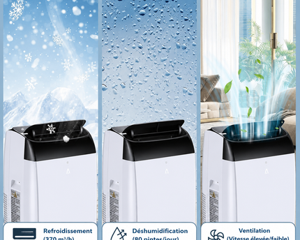 Climatiseur portable 3 en 1 - 10000 BTU (+40m²) – Silencieux - Refroidissement, déshumidification 30 L jour, ventilateur 2 vitesses – minuterie 24 h, affichage numérique